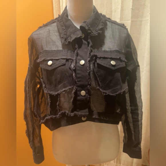 Women’s Black Sheer Distressed Transparent Jacket Top Cover-Up XS - Picture 3 of 8
